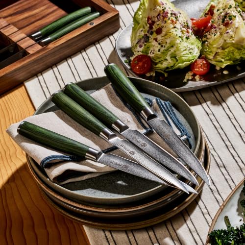 Image of HexClad 6 Piece Damascus Stainless Steel Blade Green Steak Knife Set with Walnut Storage Box, Full Tang Construction, Pakkawood Handles