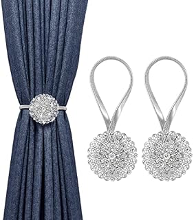 MoKo 2 Pack Sparkling Magnetic Curtain Tiebacks, Floral Decorative Curtain Tie Backs, No Drilling Curtain Holdbacks, Stainless Spring Wire Drapery Curtain Holder Buckle for Home Office - Silver