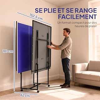 SPORTNOW Table de Tennis de Table, Table de ping-Pong Pliable, compacte, avec 4 roulettes, pour intérieur, 274 x 152,5 x 75,5 cm, Bleu