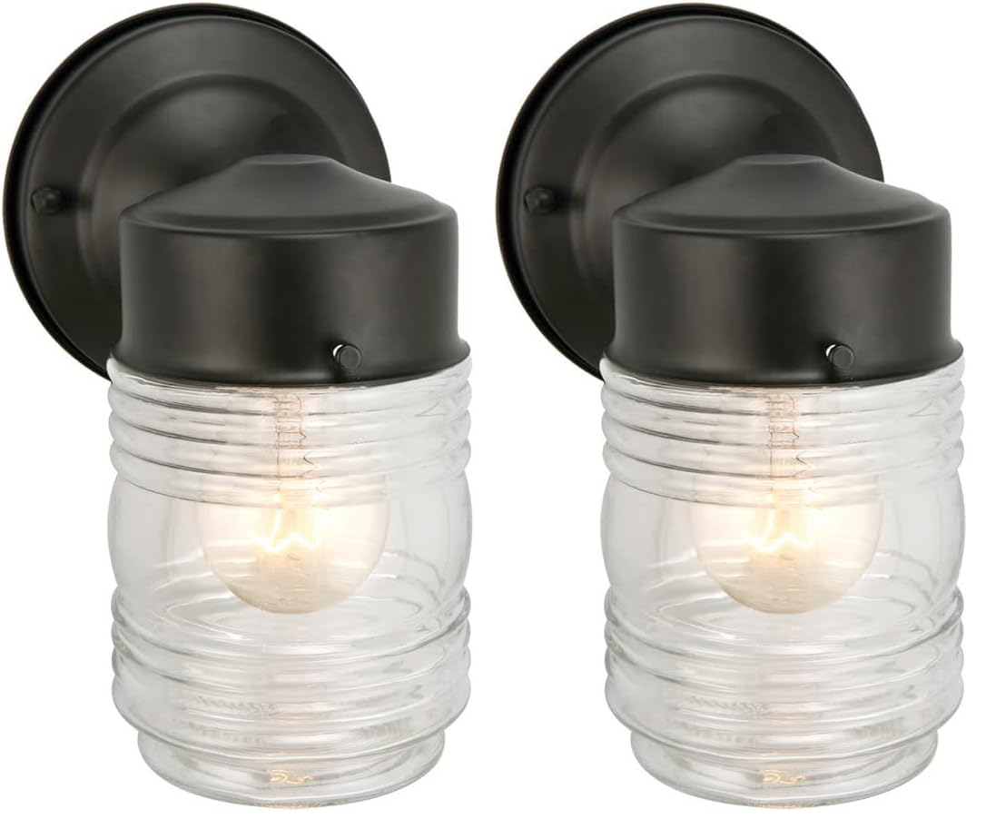 Design House Jelly Jar Wall Light, Indoor/Outdoor, Clear Ribbed Glass, Dimmable, Matte Black, Wall Mount Sconce Fixture, 4.5 in W x 7.5in H x 5.25 in D, 502195 (Pack of 2)