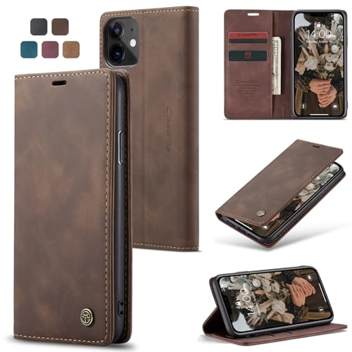 owlhold Handyhülle für iPhone 11 Hülle Premium Lederhülle Weiches Vintage-Nubukleder Faltbare Ständer Klapphülle Kartenfach Standfunktion stoßfest Schutzhülle für iPhone 11 -Kaffee