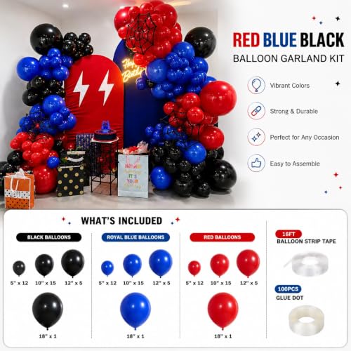 Image of Red Blue Black Balloon Arch Garland Kit, 101 Pcs Matte Red Black and Royal Blue Latex Balloon Garland Set for Boys Kids Man Halloween Cool Spider Theme Party Birthday Graduation Party Decorations
