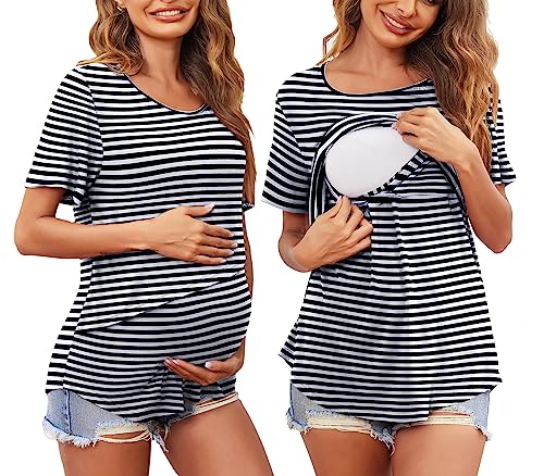 Image of Ekouaer Oversize Maternity Shirts for Women Short Sleeve Breastfeeding Tops Labor Delivery Loungewear Nursing Pregnancy Sleep Tee Shirt Black & White Stripe XXL