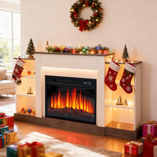 1500W Elektrischer Wandkamin mit Heizfunktion, 3D-Flammeneffekt, stimmungsvolle Beleuchtung, Fernbedienung, Timer-Funktion, Thermostatsteuerung mit Staufach