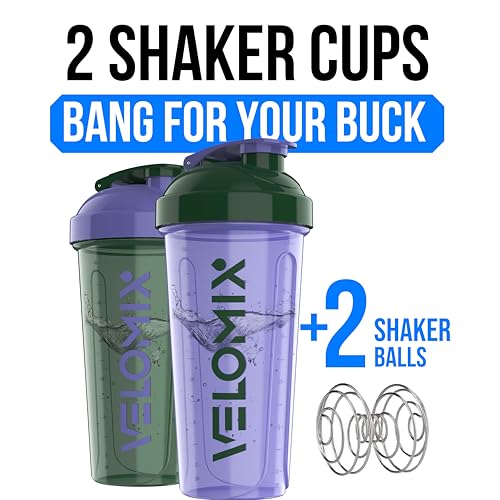 Image of VELOMIX -2 Pack- 28 oz Protein Shaker Bottles for Protein Mixes - 2x Wire Whisk | Leak Proof Shaker Cups for Protein Shakes and Pre Workout | Protein Shaker Bottle Pack (C2) Green /Purple