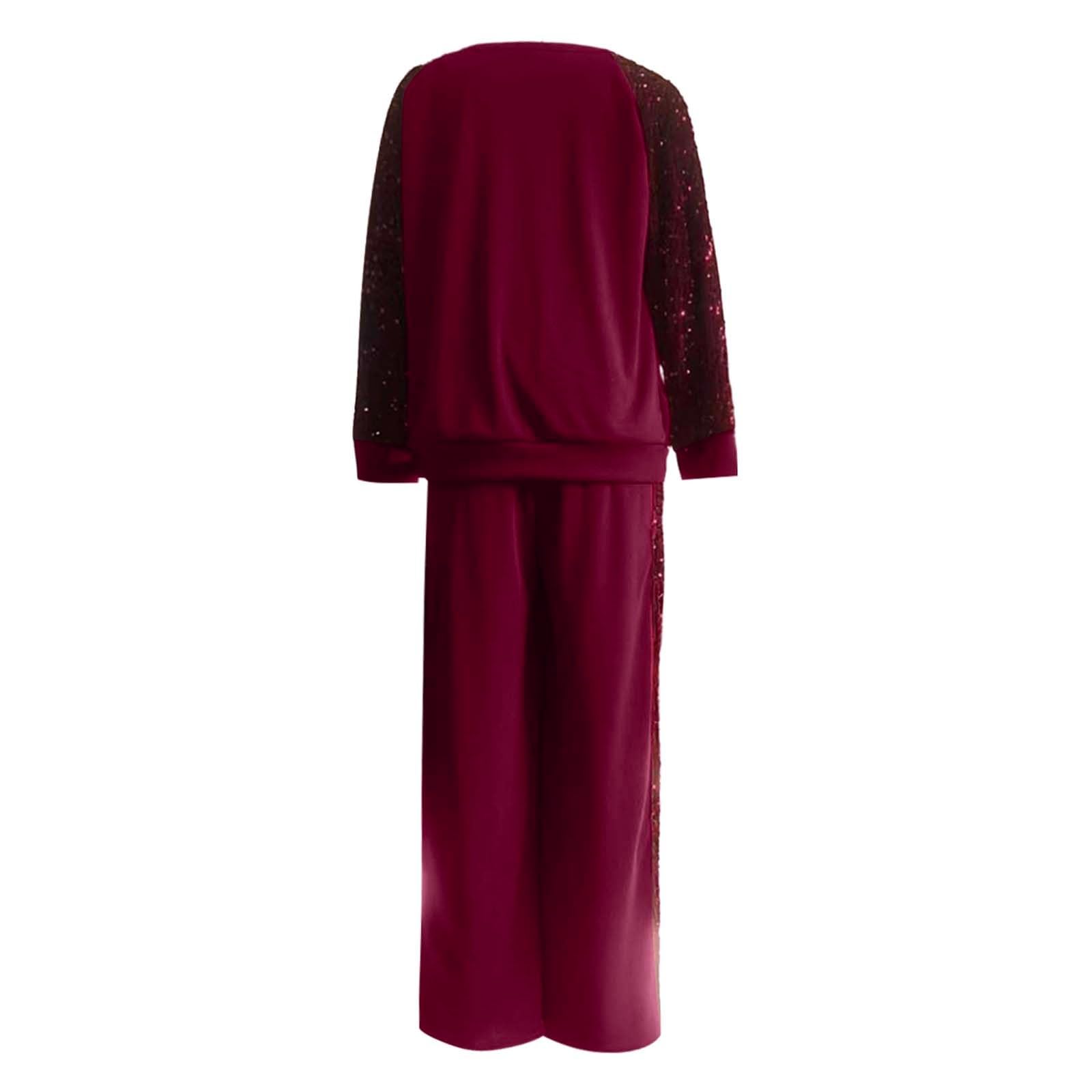 Damen-Strickoberteil mit Pailletten Rundhalsausschnitt sowie passender Hose als lässiges Zweiteiler-Set