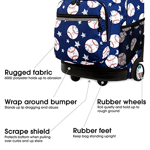Image of J World Sunrise Kids Rolling Backpack with Wheels for Girls Boys, Roller Bookbag for School, 18 x 13 x 9 Inches, Baseball