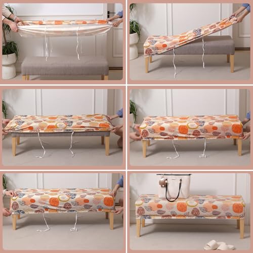 Image of HOKIPO Premium Printed Velvet Dining Bench Cover, Coral Autumn Leaves (AR-5798-D1)
