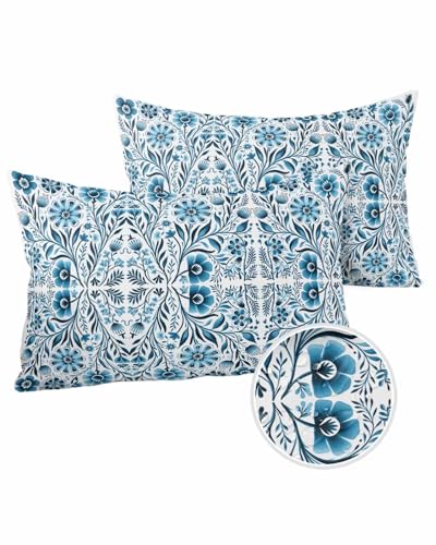 Edwiinsa Boho Floral Blue Outdoor Pillow Covers Waterproof,All Weather Cushion Case Set of 2 Lumbar Pillowcase for Sofa Couch Bed Decor Patio Furniture 20