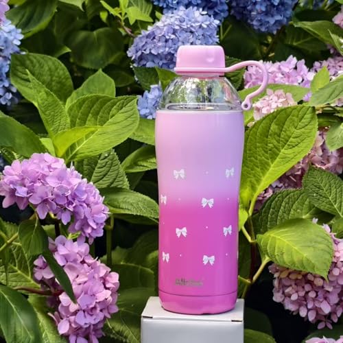 Image of Bow Insulated Water Bottle for Women, 18 oz Stainless Steel Water Bottles, Double Walled, 2 Lids (Chug & Tumbler) - Hydrate & Caffeinate, Available Gift Wrapping