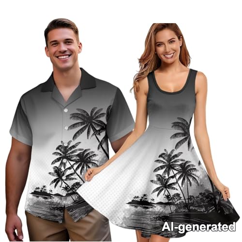 Image of Hawaii Matching Couple Outfits Husband and Wife Clothing Fashionable Mens Casual Shirts Hawaii Dress with Soft Fabric