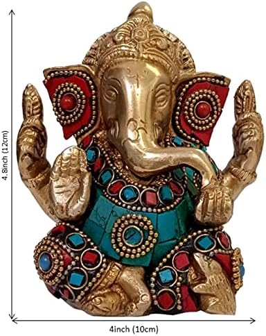 Purpledip Hindu Religious God Statue of Lord Ganesha (Ganapathi or Vinayaka) in Solid Brass Metal with Gem-stone Overlay Work (10320)