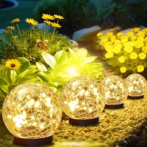 TARANEM Solar Lights Outdoor Waterproof 30LEDS 4 Pack Cracked Glass Solar Globe Lights Outdoor with Auto On/Off Outside Decorations for Yard Garden Patio Pathway Landscape - Warm White