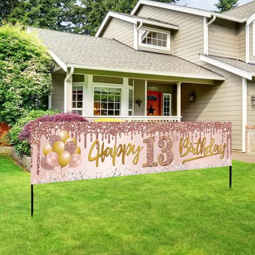 Image of Excelloon 13th Birthday Banner Decorations for Girls, Pink Rose Gold Happy 13 Birthday Yard Banner Party Supplies, 13 Year Old Teenager Bday Background Sign for Outdoor Indoor