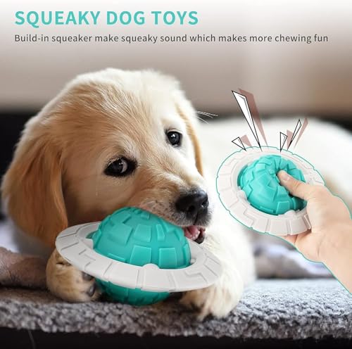 Image of DISSKNIC KIMEE Dog Toys for Aggressive Chewers, Rubber Dog Ball Toy, Indestructible Squeaky Chew Toy, Interactive Fetch Ball for Large & Small Dogs, Puppy Teething Dental Toy, UFO Flying Disc (Blue)