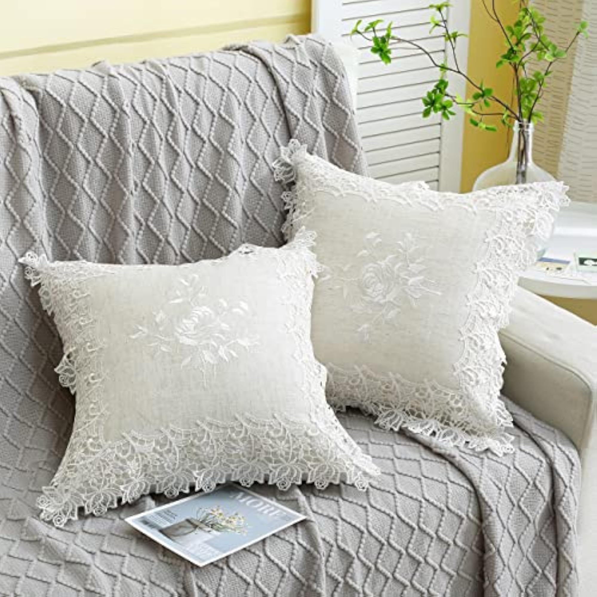 Embroidered Floral Throw Pillow Covers 18x18, White Rose