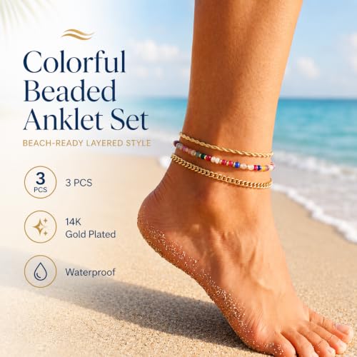 Image of iF YOU Gold Ankle Bracelets for Women, 14k Gold Plated Waterproof Cuban Link Chain Anklets Set, Layered Anklet Bracelets for Women Beach Gift Adjustable Size 5pcs
