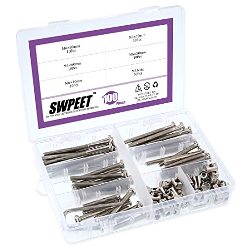 Swpeet 100Pcs Vis pour le matériel de literie, plaquées M6 × 40/50/60/70/80mm Vis de tête de socket Hex et noix de barils avec 1 x Clé Allen parfaite pour les meubles, les bottes et le lit bébé