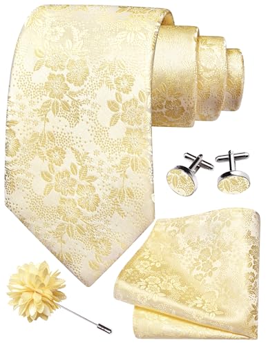 Image of GUSLESON 3.15 inch(8cm) Mens Floral Tie and Lapel Pin Necktie Hankerchief Cufflinks Set for Men