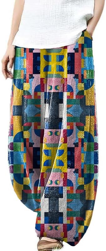 Women's Wide Leg Harem Pants Graffiti Printed Baggy Elastic Waisted Cotton Palazzo ...