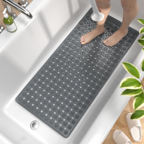 HITSLAM Bathtub Mat Non Slip, 89 x 40cm Long Bath Tub Mat, Machine Washable Bathroom Shower Mat with Suction Cups and Drain Holes, Quick Dry and Easy to Clean, Bathroom Accessories, Dack Grey
