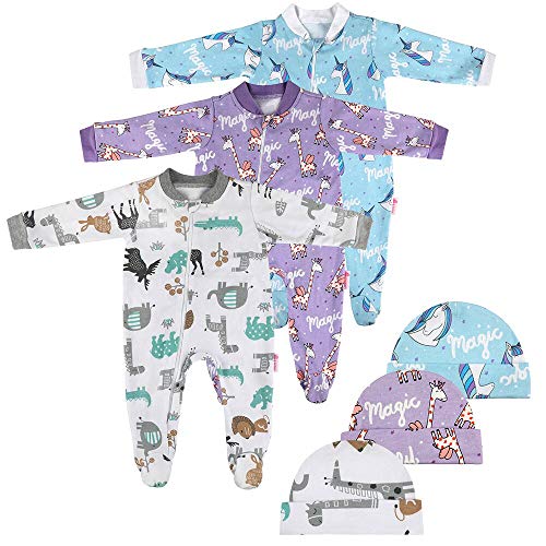 Lictin Pigiama Neonato Tutine Neonati - 3 Pezzi Pigiama Bimba con 3 Pezzi Cappellini Neonata - Design del Piede Antiscivolo, 100% Cotone (3-6 Mesi)