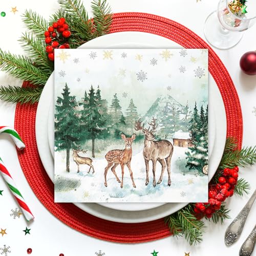 Quera 50 Pack Christmas Paper Napkins 6.5'' x 6.5'' Winter Watercolor Pine Forest Elk Paper Snowflake Dinner Napkin Xmas Party Supplies Reindeer Disposable Napkin for Holiday Party Dinner – Image 6