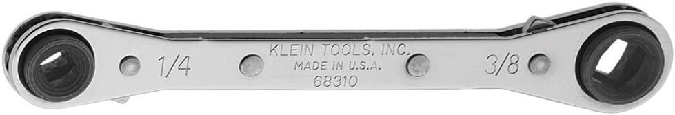 Klein Tools 68310 Ratcheting Refrigeration Wrench, Made in USA, Reversible Wrench with 3/16 and 5/16-Inch Square and 1/4 and 3/8-Inch Square Sizes