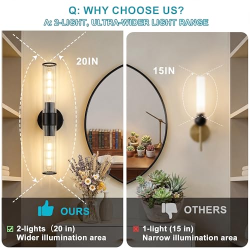 Image of Bathroom Light Fixtures 2 Pack Hardwired, Black Wall Sconce Threaded Glass Vanity Light Featuring Two E26 sockets, Bathroom Wall Light Dimmable - Bulb Not Included, UL Certification
