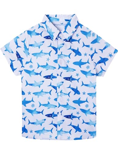 Image of Boys Hawaiian Shirt Kids Button Down Aloha Beach Hawaii Tops 5-14Y | Quick Dry, Breathable, Cooling & Lightweight, For Summer Vacation Holiday, Fourth of July, Youth, Teen, Shark, Dinosaur