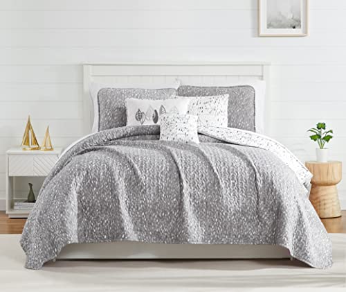 Southshore Fine Living, Inc. Oversized 6-Piece Quilt Queen Bedding Set Lightweight Fabric Soft With One Quilt Bedspread, Two Matching Shams And Three Throw Pillows Botanical Leaves Grey, Full/Queen #TOP12