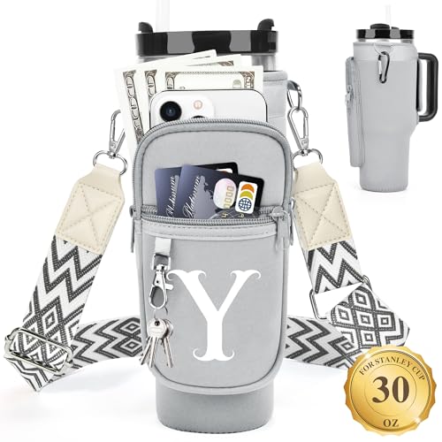 LOKASS Personalized for Stanley Cup Accessories 30oz, Initial Stanley Cup Holder with Strap, Cup Carrier Bag Water Bottle Holder with Phone Pocket Gifts for Women,Girls,Travel,Walking,Work (Y, Gray)