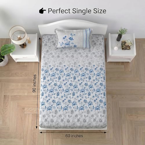 Image of Mafatlal 186 TC Spring Glory Graceful Pure Cotton Single Flatsheet (60 x 90 Inch) | Breathable Summer Comfort | Wrinkle-Free Floral Bedsheet with 1 Pillow Cover, Floral Blue