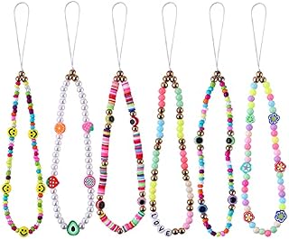 Molain 6Pcs Colourful Beaded Phone Charm Mobile Phone Lanyard Anti-Lost Phone Chain Rainbow Smiling Face Flower Fruit Star Letters Wrist Strap Handmade Acrylic Clay Beads Key Chain