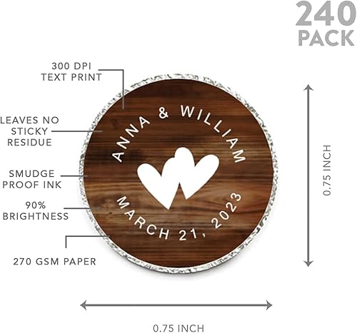Miniatura 5 de Andaz Press Etiquetas personalizadas de gota de chocolate para boda, nombres y fecha redondos, madera rústica, paquete de 240, personalizadas, para
