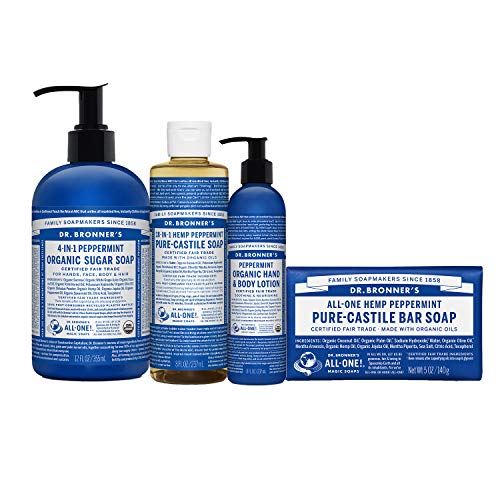 Dr. Bronner's - 4 Piece Peppermint Gift Set - (1) 12 Ounce Sugar Soap, (1) 8 Ounce Pure-Castile Liquid Soap, (1) 8 Ounce Lotion, and (1) 5 Ounce Bar Soap