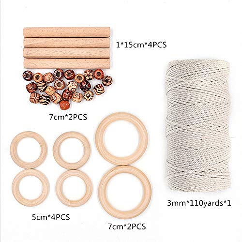 Image of 3mm 110Yards Natural Macrame Cotton Cord Thread with Wooden Beads Wooden Rings Wooden Sticks for Knitting Crafts Wall Hanging Plant Hangers Handicrafts Home Decoration Handmade DIY
