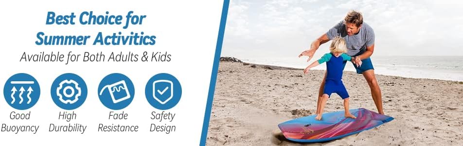 Miniatura 7 de Tabla de cuerpo ligera con núcleo EPS, parte inferior lisa de HDPE, correa y cuerda de muñeca ajustable, gran surf para niños y adultos