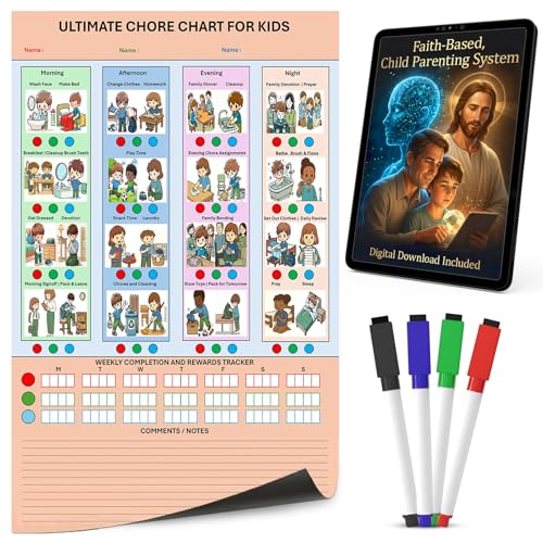 Magnetic Dry Erase Chore Chart for Kids 11" X 17" | Christian Parenting System for Responsibility & Independence | 32 Essential Daily Tasks | Clutter Free Routine | Home Behavior Chart + Free E-Books
