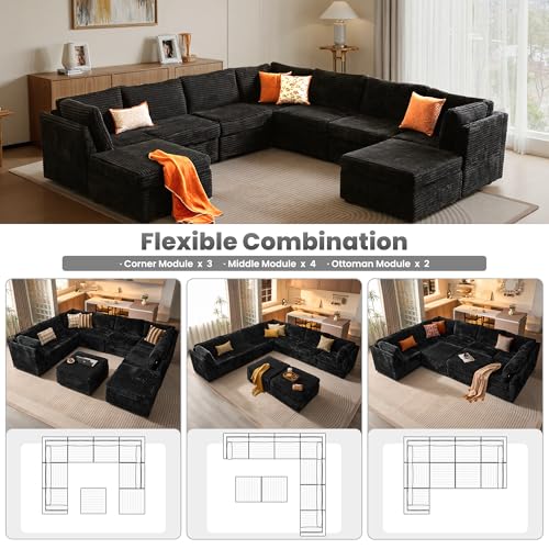 Image of ovios Modular Sectional Sofa Couch with U-Shape Chaise Ottomans, Comfy Plush Corduroy Cloud Couches, Modern Luxury Deep Seat Sofas Set for Living Room, 9-Seater, Black