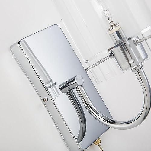 Miniatura 5 de LED Wall Sconce Light Clear Glass with Pull Chain Switch, Chrome Bathroom Vanity Cylindrical Modern Mid Century Iron Hardwired Lamp Stripe Shade,