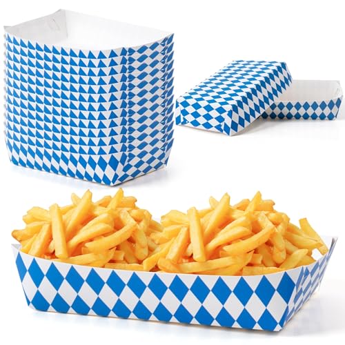 AsodSway Oktoberfest Paper Food Trays - 50P Oktoberfest Unassembled Trays Blue White Checkered Snack Disposable Paper Serving Plates Beer Festival Food Containers Concession Stand Beer Party Supplies