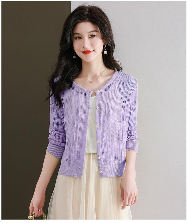 Cardigan Mujer, Cárdigan De Verano para Mujer, Cárdigan De Manga Larga, Blanco, Cuello Redondo, Botones, Crochet Hueco, Chaqueta De Punto Transparente, Abrigo De Primavera Informal, Cort