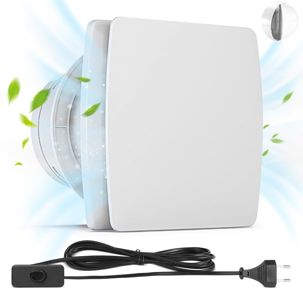 Badlüfter Ø 100mm, 12W Leiser Abluftventilator mit Rücklaufklappe, [<34dB - 2200 UPM - 95 m³/h - IPX2] Wandventilator Lüfter inkl. 3M Netzkabel, Wandmontage für Küche, Bad, Gewächshaus, Garage, Weiß