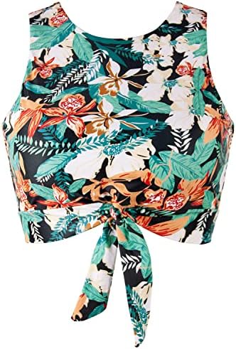 Women's Cut Out Tie Knot Front Scoop High Neck Tank Crop Top Biki...