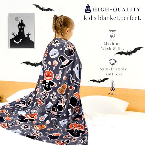 Image of Halloween Blanket Twin Size Soft Black Glowing Fall Pumpkin Throw Blanket Lightweight Fuzzy Grey Twin Bed Decoration Blanket for Bedroom Couch Sofa