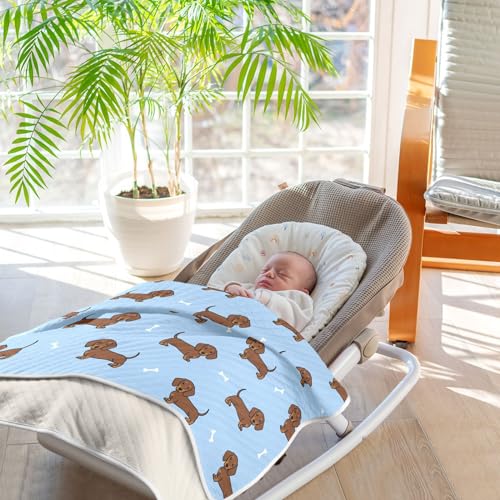 Image of Cute Dachshund Dog Blue Baby Swaddle Blanket for Boys and Girls, Muslin Baby Receiving Swaddle Blanket, Soft Cotton Nursery Swaddling Blankets for Newborn Toddler Infant
