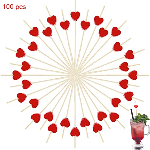 100 Pieces Rouge Coeur Bambou Bois Cocktail bâtons, Jetable Bambou Cœur, Cocktail bâtons, pour Nourriture Décorée, Verre à Cocktail, Mariage Noël Saint Valentin, Fête D'anniversaire D'enfants