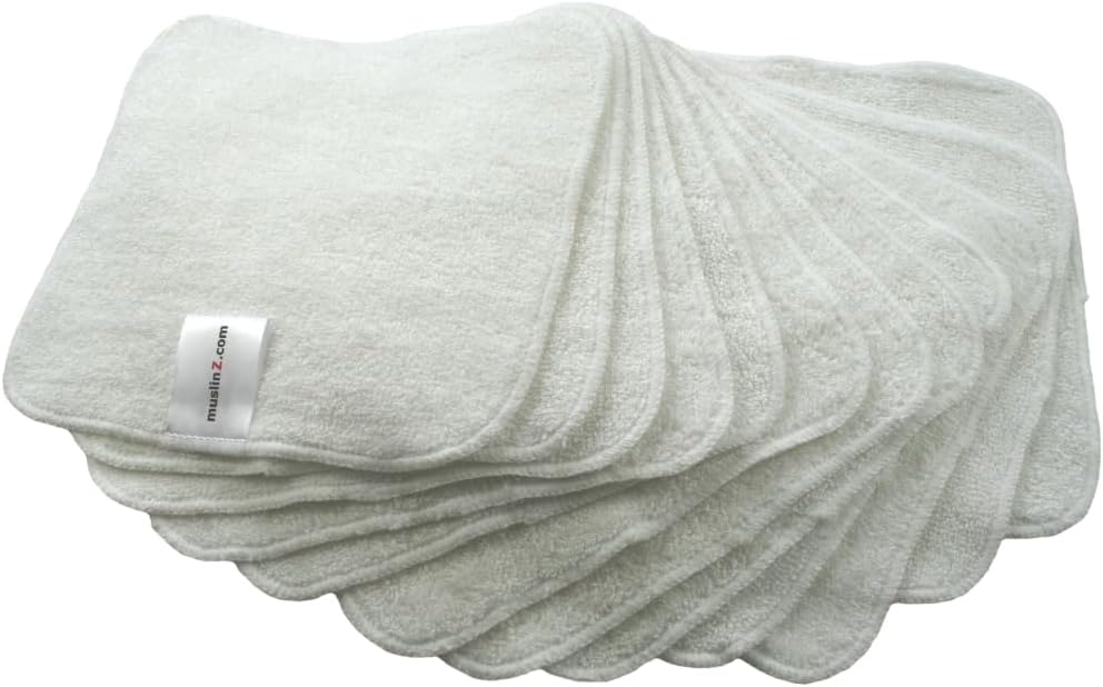 12PK Bamboo Cotton Terry reusable wash cloths - 20x20 cms - Face Cloth - Washable reuseable Baby Wipes (White)