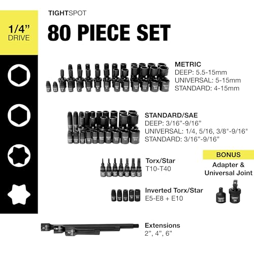 Image of TIGHTSPOT 1 /4 inch Drive 80pc Impact Socket MASTER SET, our Most Complete Set Ever with SAE & Metric from 3 /16 Inch - 9 /16 Inch, 4mm - 15mm, Standard /Deep /Universal & Torx & Inverted Torx Sockets & More